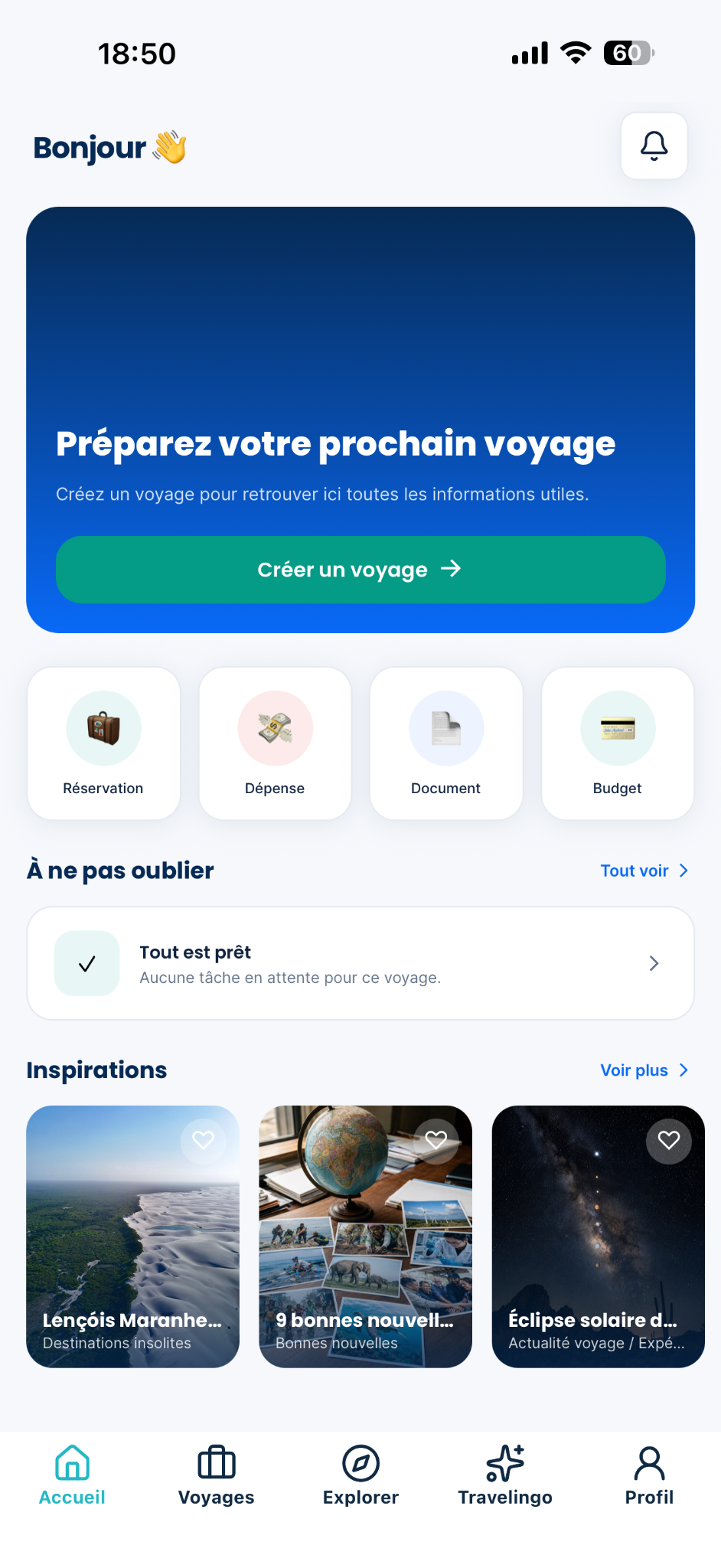 Écran d’accueil de TripCenter